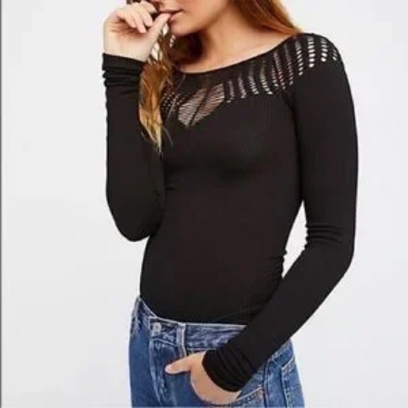 Free People - Black Ribbed Form Fit Cutout Long Sleeve Top Size Medium/ Large - Picture 1 of 10